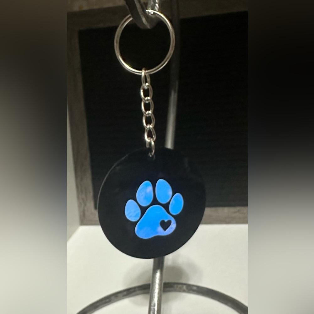 Black and Iridescent Blue Paw Print Keychain